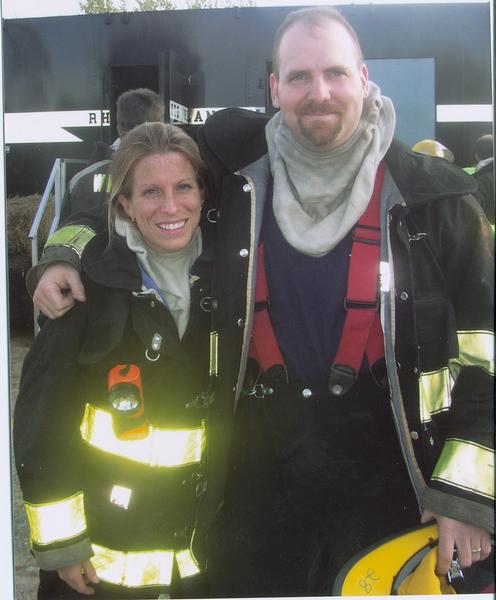 Jane Perkins and Brian Holdredge at training with the RI Fire Academy Burn Trailer in 2003.